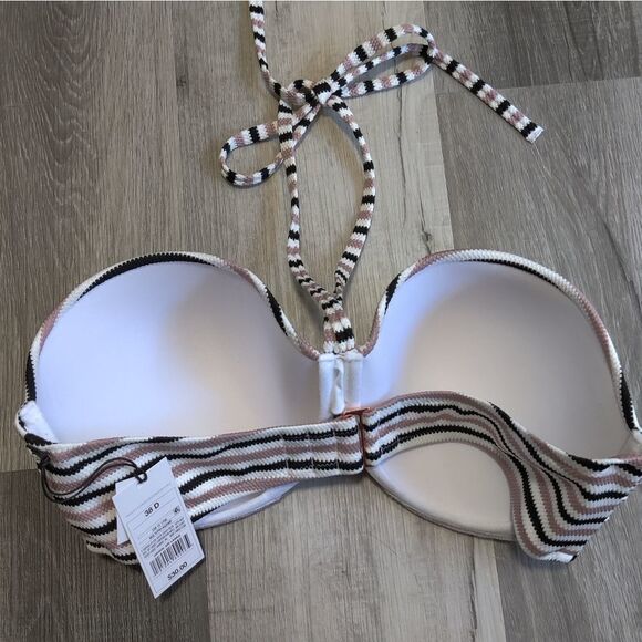 Shade & Shore halter bandeau bra size black white stripe bikini swim top 38D - Picture 5 of 6